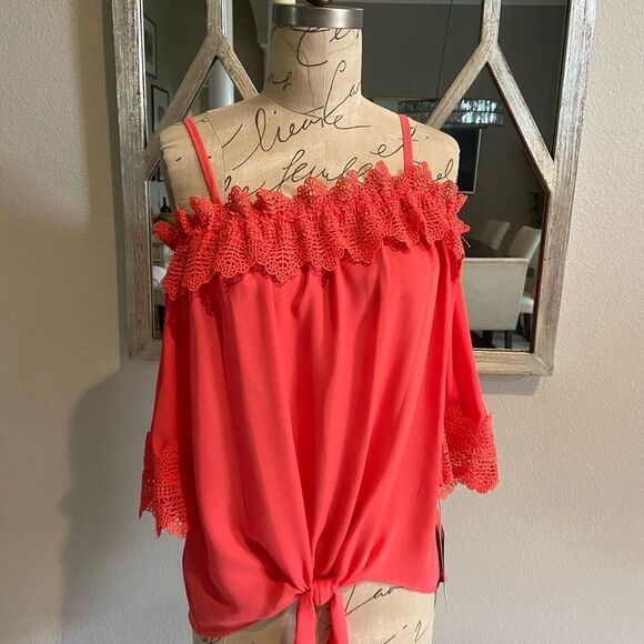 NEW Coral Pink Lace Trim Tie Front Top Blouse - Picture 3 of 15